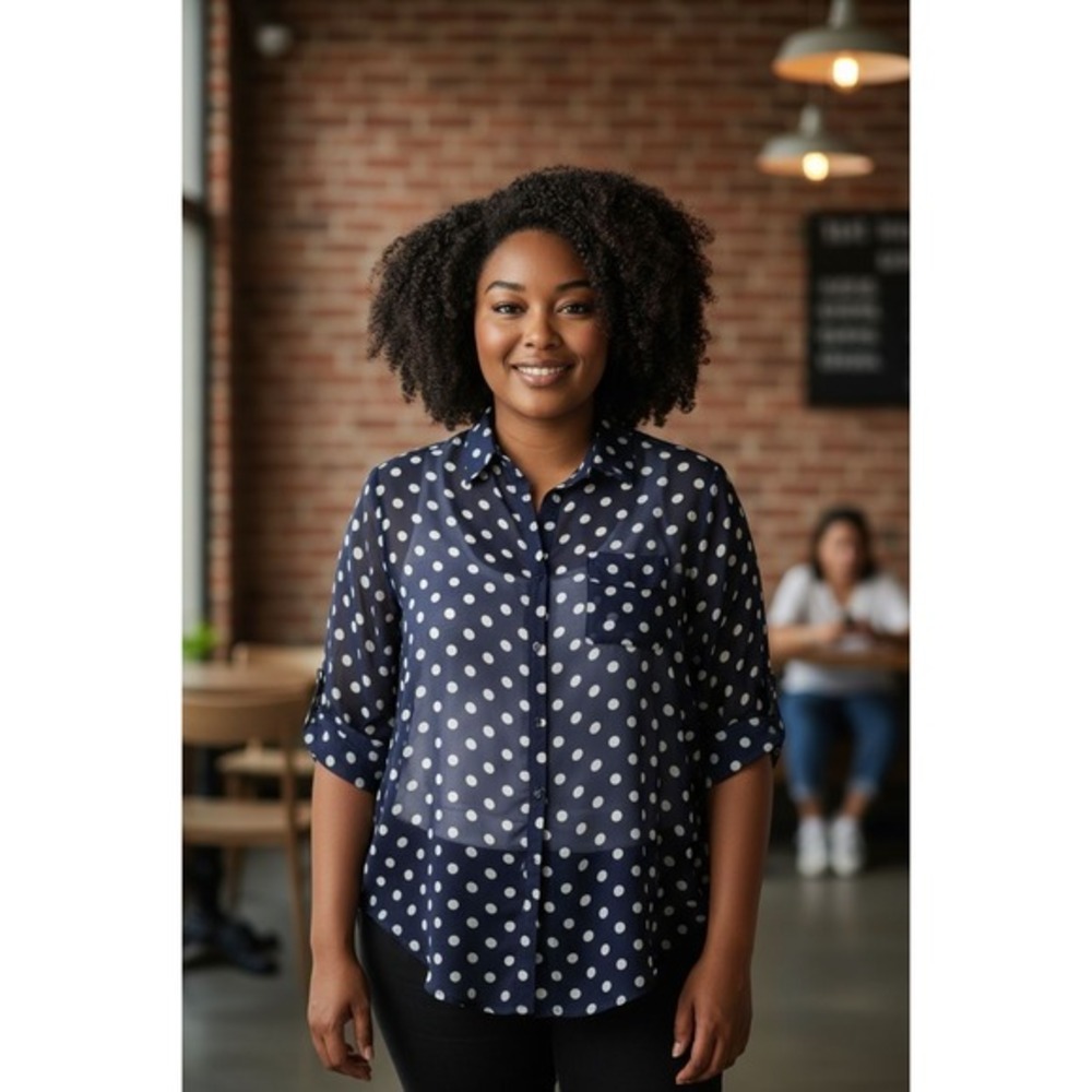 Jennifer Lauren Women‎ Plus Size 2x Chiffon Blue Polka Dotted Top Blouse
